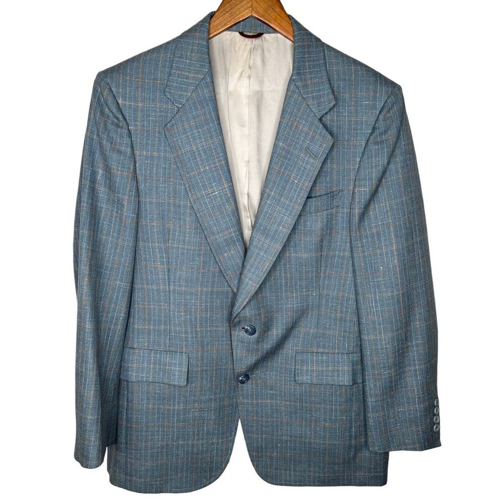 Hart Schaffner Marx Vintage Mens 38R Plaid 100% WOOL Blazer Jacket 2 Button Blue